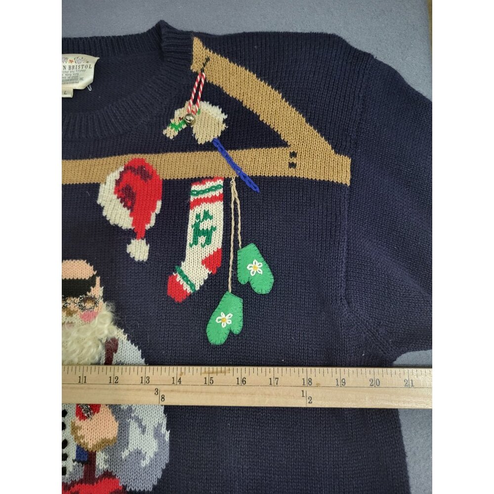 VTG 90s Susan Bristol Navy Santa's Workshop Embroidered Ugly Christmas Sweater L - Picture 4 of 8